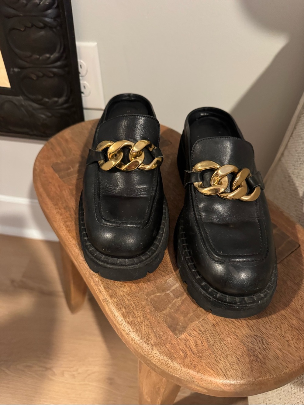 Free People Black Leather Chain-Accent Loafers